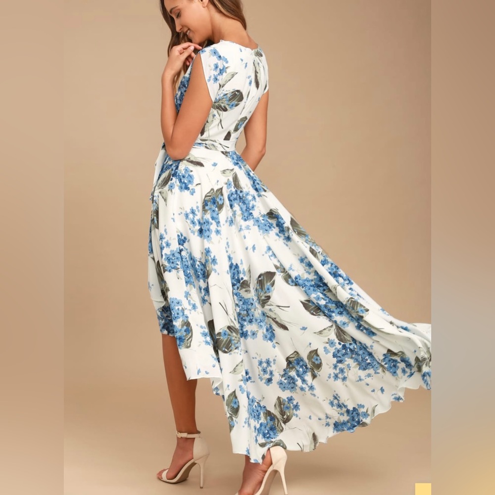 White and blue floral print, hi-low hem, maxi dress